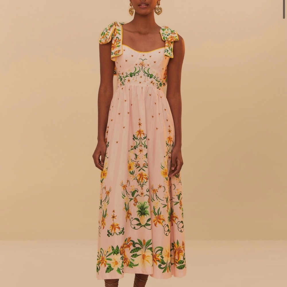 NWT FARM Rio Floral Midi Dress with Yellow and Green Accents